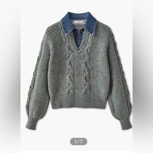 Commense Denim Panel Ribbed Lapel Sweater Grey Knit Collared Size S or L